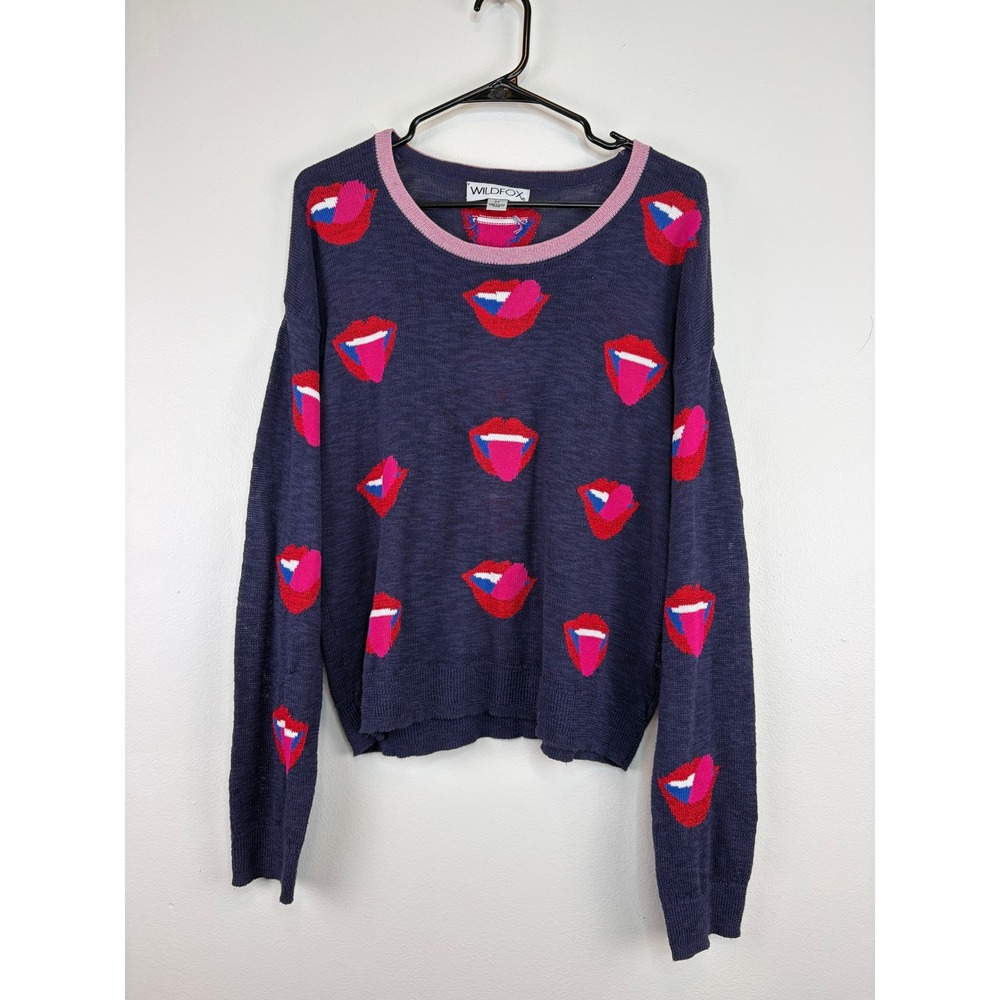 Wildfox Lippy Laura Lips Sweater Size M Navy Pink Red Intarsia Knit